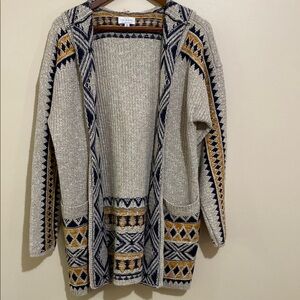 NWOT Lucky Brand Tan Gold Black Geometric Cardigan Size Large